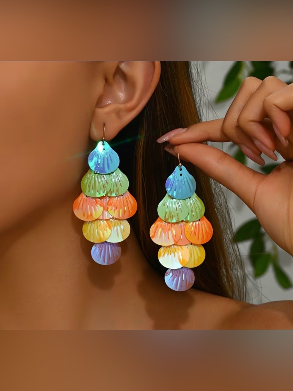 🌈 Colorful Tiered Shell Drop Earrings – Rainbow Pastel Statement Earrings